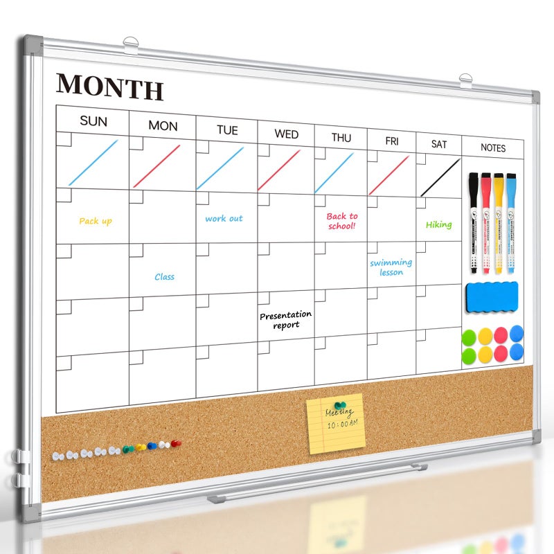 QUEENLINK Large Dry Erase Calendar for Wall, 36"x24" Double-Sided Magnetic Whiteboard Calendar with Cork Board, Aluminum Frame Monthly White Board Memo Message Board for Office, Home, School, Kitchen - Image 1